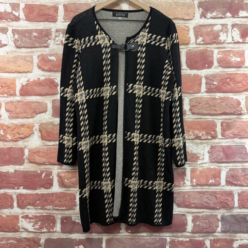 Kasper Cardigan Sweater Women's L Plaid Houndstooth Casual Career Knit Duster